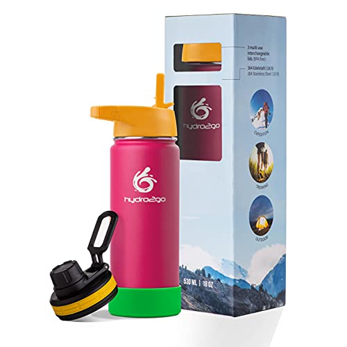 hydro2go ® Kinder Trinkflasche aus Edelstahl - 500ml | Thermo Edelstahlflasche BPA-frei für Kinder + 2 Trinkverschlüsse | 100% Auslaufsichere Kinderflasche | Strohhalm- und Sport-Verschluss