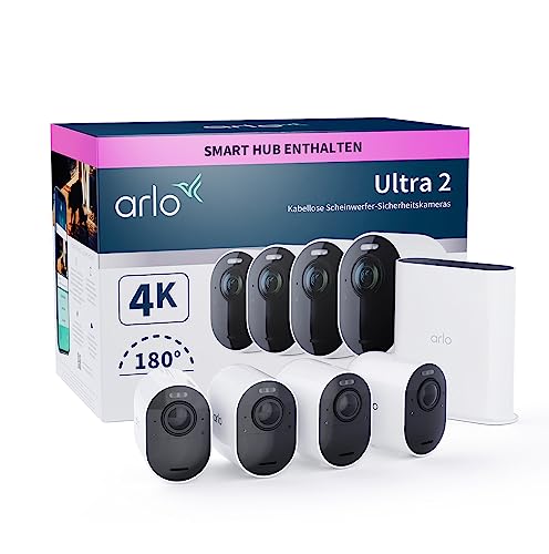 Arlo Ultra 2 4K IP Überwachungskamera Aussen, 4er Set | Qualitätsprodukt | Kabellos | Mit Licht | Farb-Nachtsicht | Bewegungsmelder | Sirene | 3 Monate Testzeitraum Für Arlo Secure