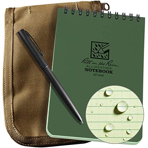 Rite in the Rain Weatherproof 4" x 6" Top-Spiral Notebook Kit: Tan CORDURA Fabric Cover, 4" x 6" Green Notebook, and an Weatherproof Pen (No. 946-KIT)