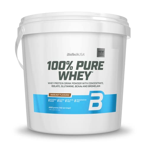 BioTechUSA 100% Pure Whey Molkenprotein-Komplex mit Bromelain-Enzymen, Aminosäuren, ohne Zuckerzusatz, palmölfrei, 4000g, Haselnuss