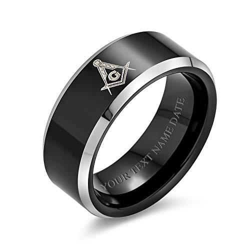 Bling Jewelry Personalisierte Lasergravur Quadrat & Kompass Freimaurer Freimaurer Schwarz Titan Band Ring Für Männer 8Mm Gravur