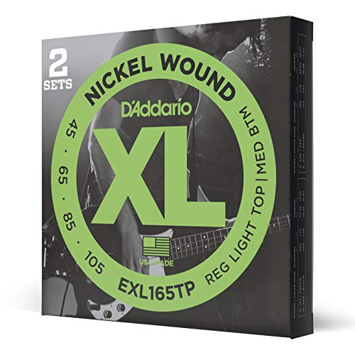 D'Addario EXL165TP vernickelte Stahlsaiten für E-Bass .045 - .105 Long Scale Regular Light Top / Medium Bottom (2er Pack) Sparpack