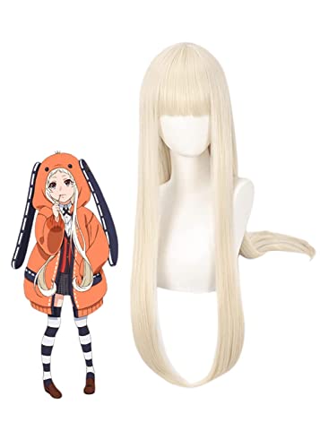 ZUKKY Anime Kakegurui Runa Cosplay Perücke 27,6/70 cm langes glattes Blondes Haar mit Pony Halloween-Party-Perücke + kostenlose Perückenkappe