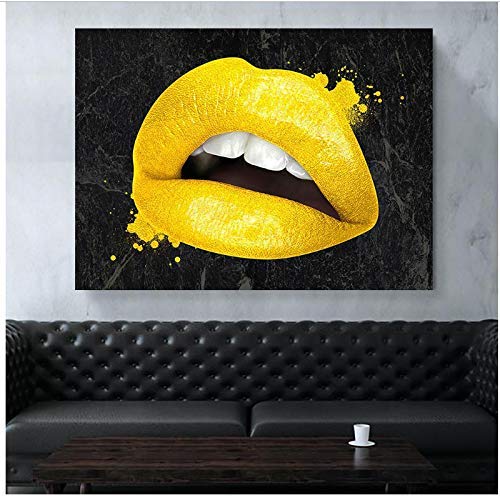 XIANGPEIFBH Leinwandmalerei Gelbe Lippen Leinwanddruck Poster und Wandbilder für Wohnzimmerdekor Wandkunst Bild 50x70 cm / 19,7"x 27,6" Kein Rahmen