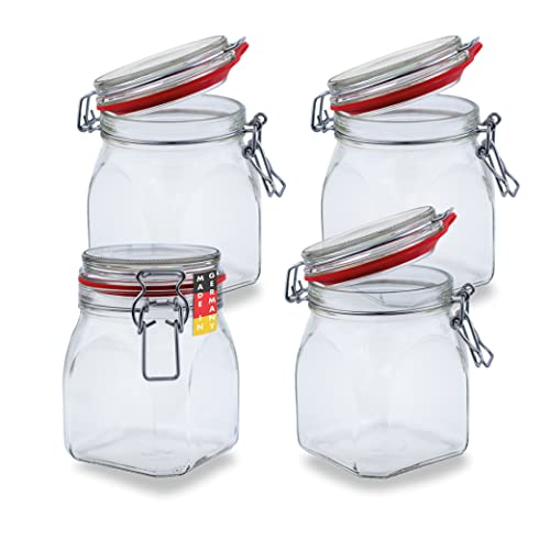 Flaschenbauer - 4-teiliges Set Drahtbügel-Vorratsgläser 900ml, geeignet als Einmach- und Fermentierglas, zur Aufbewahrung, zum Befüllen, leere Gläser mit Drahtbügel - Made in Germany