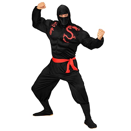 WIDMANN 00521 - Erwachsenenkostüm muskulöser Ninja, Muskelshirt, Sturmhaube, Hose und Gürtel, schwarz