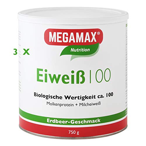 Megamax Eiweiss Erdbeere Spar-Set 3 X 750 g | Molkenprotein + Milcheiweiß Für Muskelaufbau ,Diaet | 2k-Eiweiss | hochwertiges Low Carb Eiweiß-Shake
