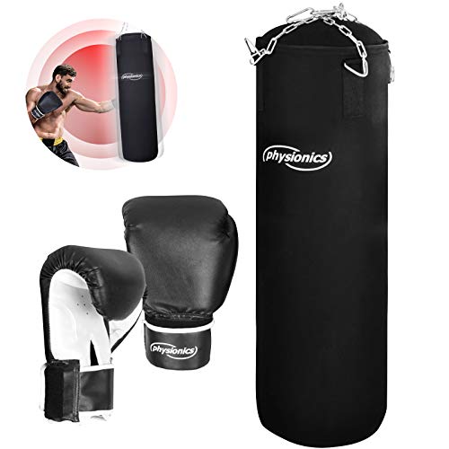 Physionics Boxsack Set - inkl. Boxsack gefüllt 19 kg, 30/100 cm, Boxhandschuhe 10 oz, mit Stahlketten und Karabinerhaken - Punching Bag für Kickboxen, MMA, Muay Thai, Kampfsport