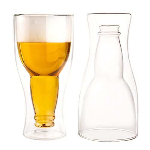 Monsterzeug 2er Set Doppelwandiges Glas mit Bierflaschen Optik, Biergeschenk, Upside Down Glass, Funny Beer Glasses, Partydekoration, 0,33 Liter