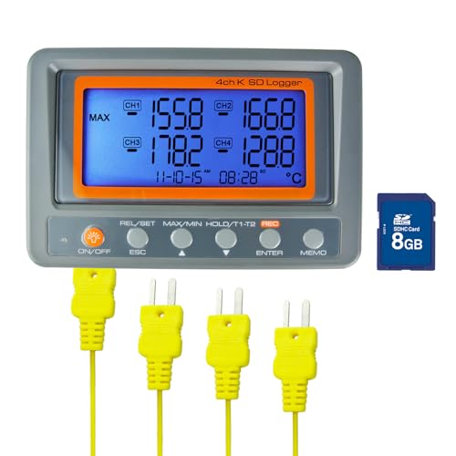 Gain Express 4-Kanal K-Typ Thermoelement Temperatur-Datenlogger mit SD-Karte, hohe Genauigkeit, großes LCD-Display, Hoch-/Niedrigalarm.