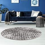 carpet city Teppich Wohnzimmer - Karo-Muster 120 cm Rund Grau Meliert - Moderne Teppiche Kurzflor