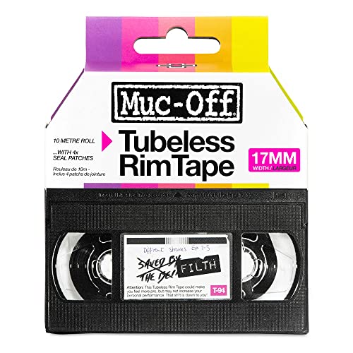 Muc-Off Felgenband für schlauchlose Reifen, 17 mm – druckempfindliches Felgenband für schlauchlose Fahrradreifen, 10 m Rolle mit 4 Dichtungsflicken, 20068