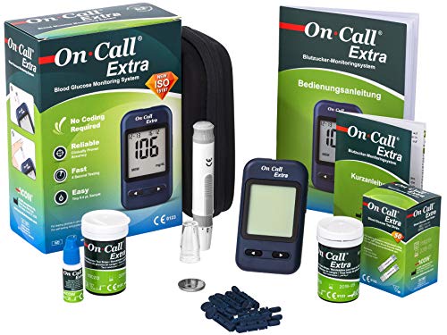 On Call Extra Blutzucker Messgerät | Praktisches Starterpack mit 10 Teststreifen und weiteres Zubehör, Kontrolllösung | sekundenschnelles Ergebnis