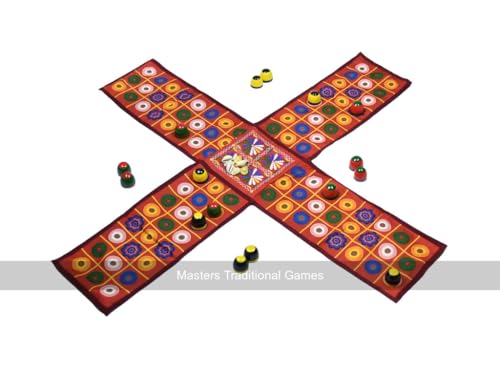Masters Traditional Games Pachisi - Cloth Board with Beehive Pieces and Cowry Shells (Colourful Circles)
