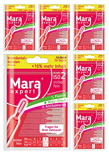 Interdentalbürsten Rot ISO 2 - MARA EXPERT | Interdentalbürsten 0,9 mm -Mittelfein | 6 x 14 Dentalbürsten | Pflege mit Fluorid & Chlorhexidin-Minz Frisch | 16% EXTRA INHALT