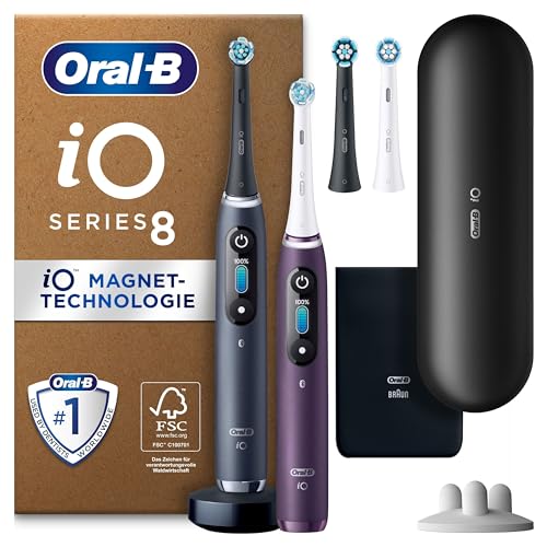 Oral-B iO Series 8 Plus Edition Elektrische Zahnbürste/Electric Toothbrush, Doppelpack PLUS 3 Aufsteckbürsten inkl. Whitening + Magnet-Etui, 6 Putzmodi, Valentinstagsgeschenk für Ihn/Sie, black/violet