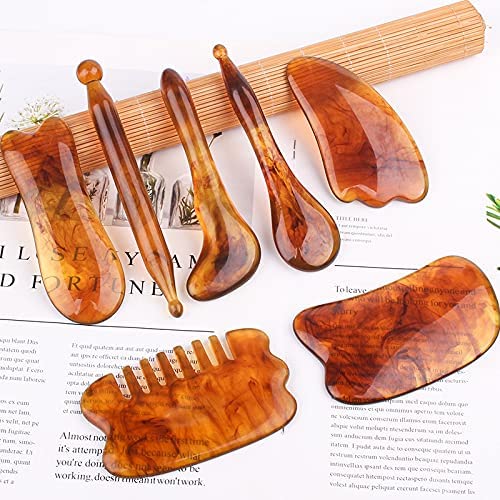 Gua Sha Board Guasha Scraping Massage Tool Set von 7 Salon Akupunktur Haut Gesichtspflege Behandlung Punkt Behandlung Lifting Ihr Gesicht und Iymphdrainage (Gelb)