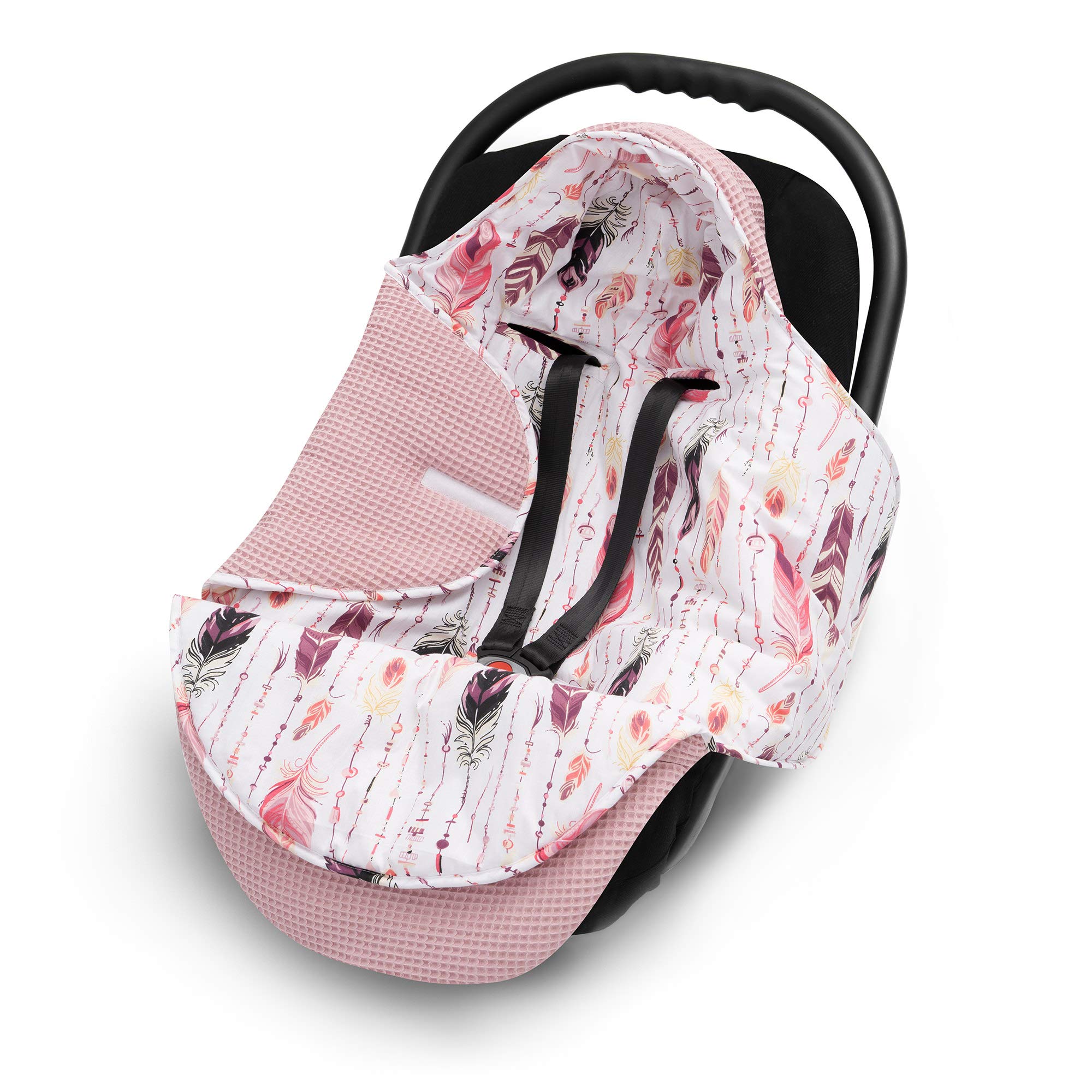 EliMeli Einschlagdecke für Babyschale 100% Baumwolle - Leichte Baby Decke für Autositz aus Waffelstoff und Baumwolle für den Sommer und Frühling, universal z.B. Maxi Cos (Rosa - Federn)