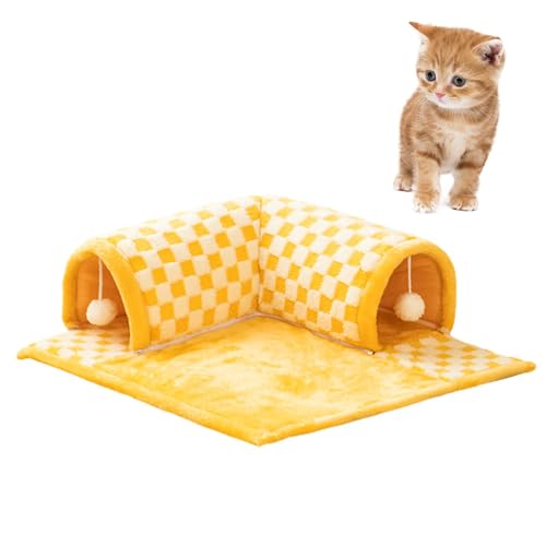 Cat Tunnel Bed, Katzentunnel mit Bett, Lustiges 2-in-1 Katzentunnelbett aus Plüsch mit Karomuster, Vielseitiges Flauschiges Katzenbett Zum Spielen und Schlafen