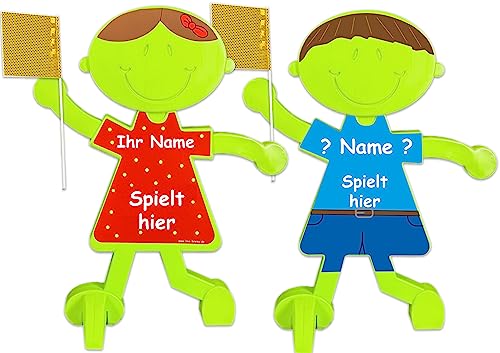 2 Stück Achtung Kinder 1 x Lisa UND 1x Luca Vorsicht (Name nach Wunsch) - grün und reflektierend - Sicherheit für spielende Kinder