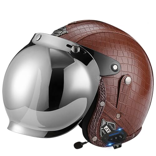 Bluetooth Leder Jethelm Vintage-Motorradhelm Roller Helm Scooter Helm Moped Mofa Helm mit Brille DOT/ECE Zertifiziert Vintage Motorrad Jet Helm Roller Helm Für Männer Frauen 5,XL