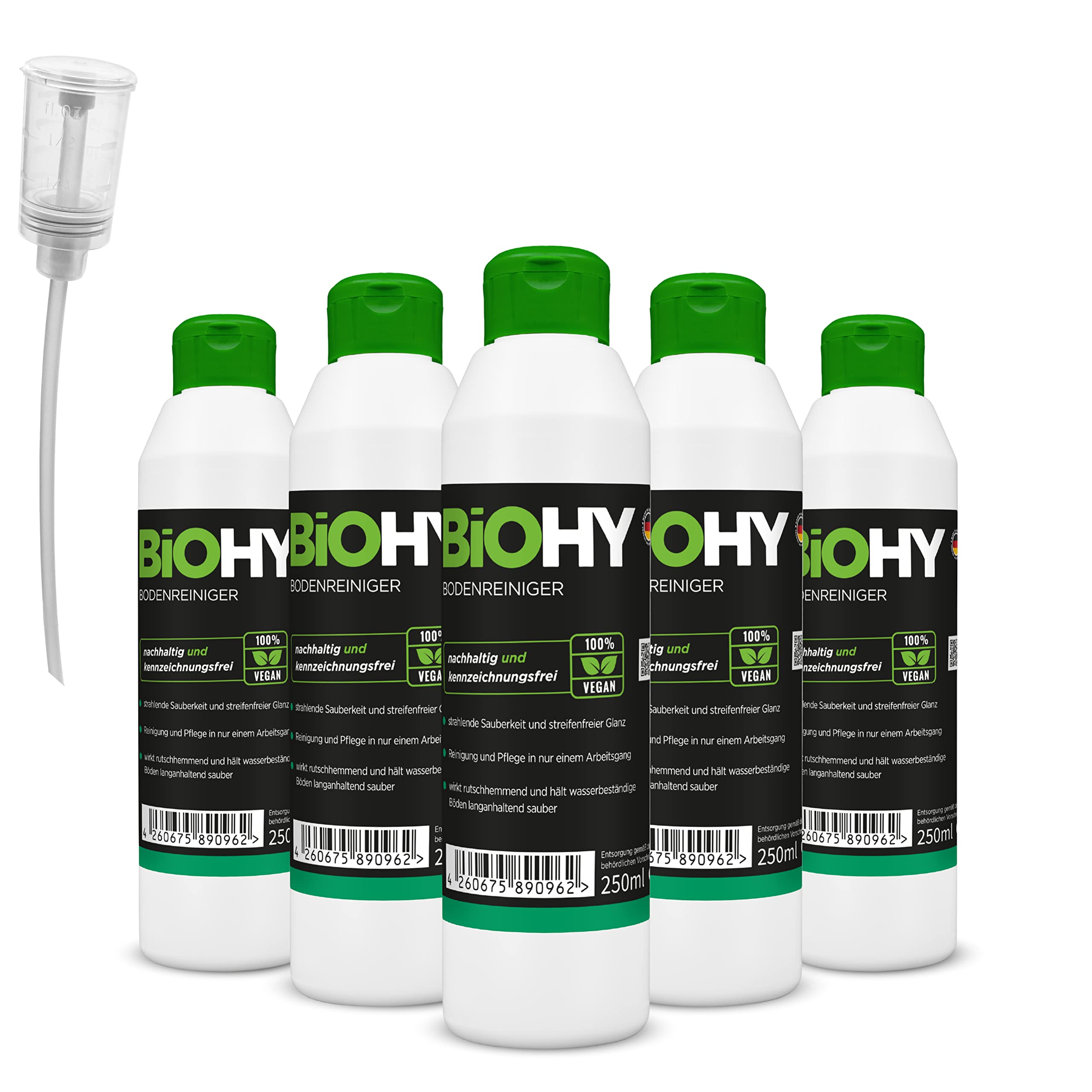 BiOHY Bodenreiniger (6 x 250ml) + Dosierer | Konzentrat für alle Reinigungsgeräte und alle Hartböden | angenehmer Geruch und streifenfreie Reinigung | ideal für Laminat, PVC & Stein