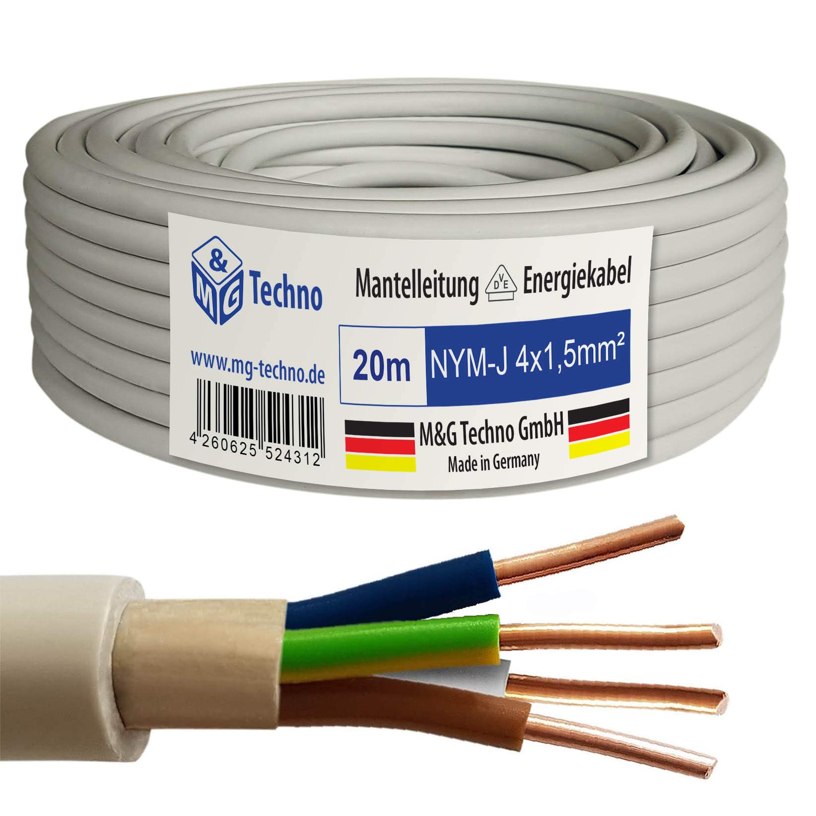 M&G Techno 20m NYM-J 4x1,5 mm² Mantelleitung Elektro Strom Kabel Kupfer eindrähtig Made in Germany