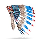 Pink Pineapple Traditioneller Indianer Inspirierter Kopfschmuck handgefertigt im traditionellen Stil Nordamerikanischer Indianer - Kurze Länge - Blau, Rot und Weiß