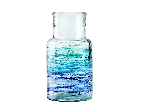 H&h vaso noa in vetro riciclato decorato azzurro h 28 cm