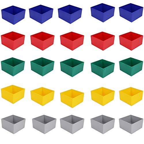 25 Stück Einsatzkasten Serie E63, farblich sortiert, 5 Farben u. 4 Größen, aus Polystyrol, Industrienorm, für Schubladen, Sortimentskästen etc. (farbmix, 63/3 108x108x63 mm)