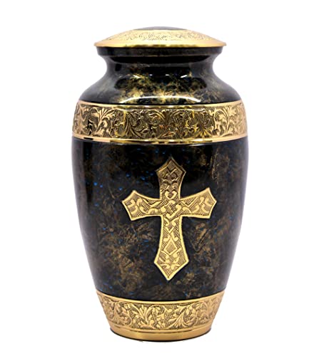 eSplanade Messing-Urne Gedenkbehälter Glas Topf | Metallurnen | Beerdigungsurnen | Andenken für Asche – schwarz-goldenes Kreuz – 25,4 cm (volle Größe)