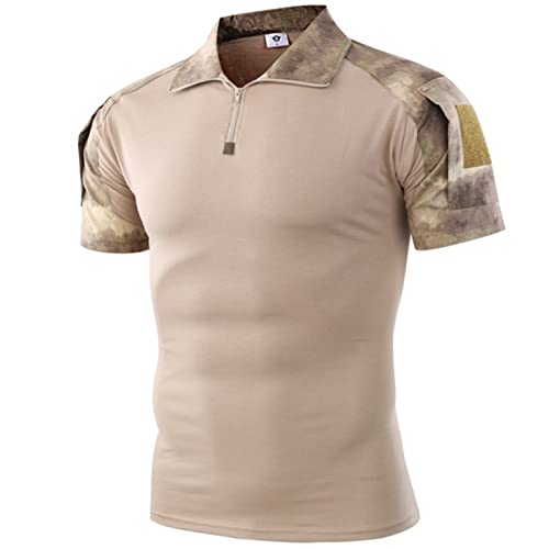 Herren Kurzarm Hemd Taktisch Shirt Militär Armee Outdoor Poloshirt T-Shirt Paintball Combat Shirt Quick Dry Polo Funktionsshirt Mit Reißverschluss (Au Camouflage,M)