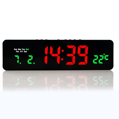 TruWare Just Camp Wanduhr Digital, LED Tischuhr mit Temperaturanzeige, Wecker Snooze, 12/24-Stunden-Anzeige, LED-Uhr, USB-C Uhr mit Datumsanzeige (Rot Grün)