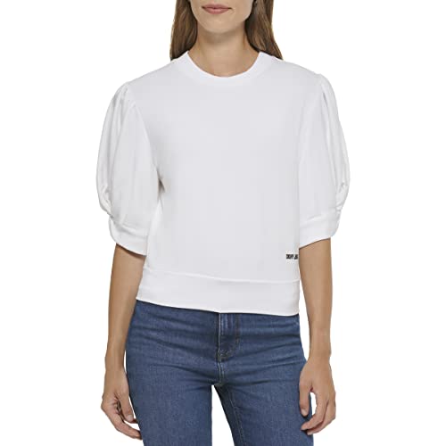 DKNY Women's Micro Terry Crewneck T-Shirt with Puff Sleeves, White, XL
