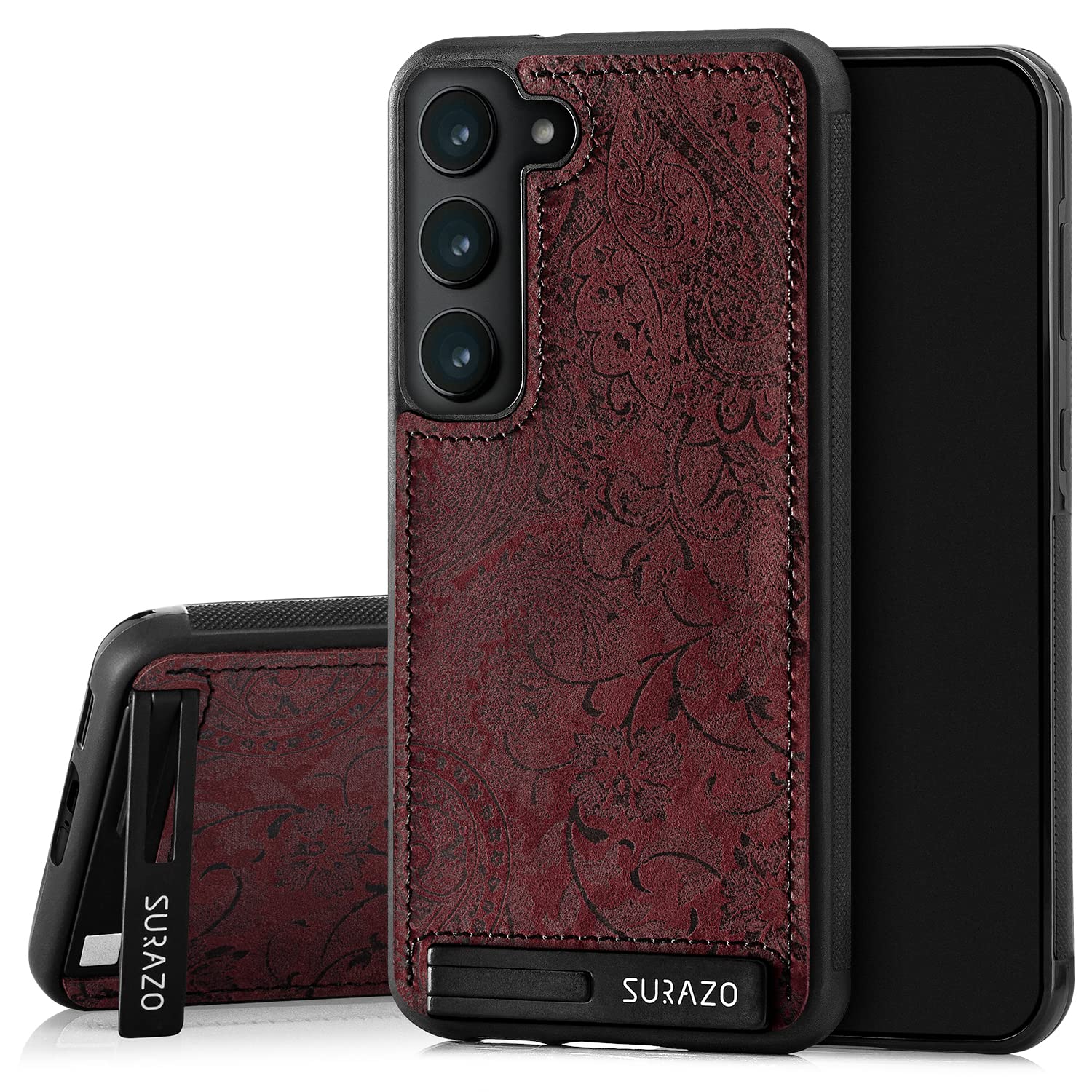 SURAZO Premium Echtleder Back case für Samsung Galaxy S23 Hülle – Stoßfestes Leder Handyhülle Cover [Standfunktion, Schlüsselanhänger] Floral Slim Bumper Schutzhülle (Ornament Burgund)