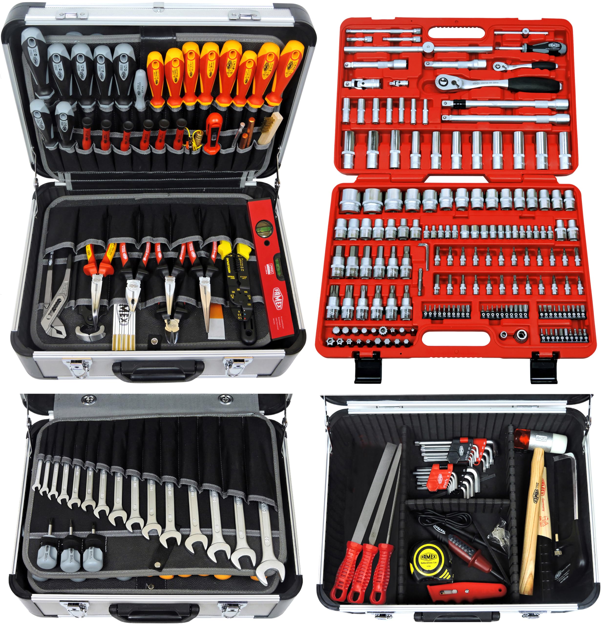 FAMEX 414-18 Profi Alu Werkzeugkoffer mit Werkzeug Set und Steckschlüsselsatz in High-End-Qualität - Werkzeug aus deutscher Produktion