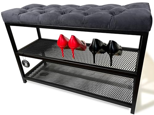 FLEXISTYLE Loft Schuhschrank mit sitzbank schwarz breit Holz Eiche gepolstert Metall Industrial Style (Graphit, 80 cm breit)