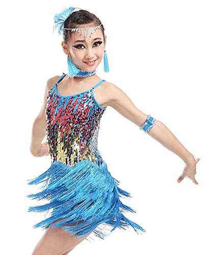 GladiolusA Kinder Mädchen Ärmellos Latin Tanz Kleid Tanzkostüm Blauer See 150