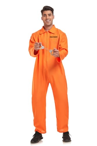 thematys Gefängnis Overall Orange + Handschellen - Sträflingskostüm für Damen & Herren - perfekt für Fasching, Karneval & Halloween, Größe 165-180cm
