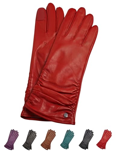 AKAROA ESTD 2019 Lederhandschuhe Damen BEA, Touchfunktion, italienisches Leder, lange Form, recyceltes Strickfutter aus 50% Kaschmir und 50% Wolle, 4 Größen S - XL