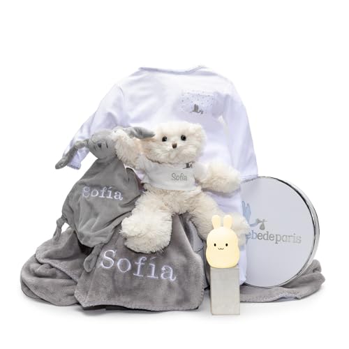 BebeDeParis Personalisierte Babyschale mit Lichtlampe + Teddybär + Pyjama + Doudou & Decke | Farbe: Rosa | Ideal für Neugeborene Geschenke | Handbestickt in 3 Farben