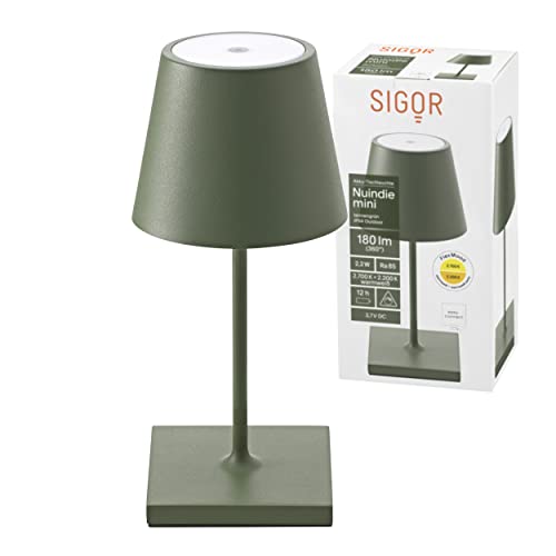SIGOR Nuindie Mini - Dimmbare kleine LED Akku-Tischlampe Indoor & Outdoor, Höhe 25 cm, aufladbar mit Easy-Connect, 24 h Leuchtdauer, Tannengrün