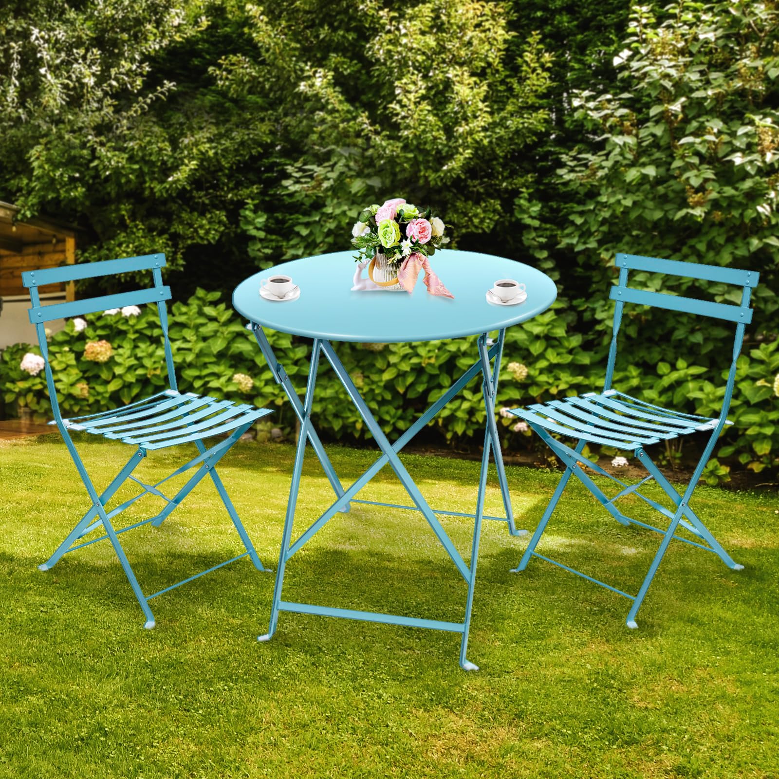 Amagabeli 3-teiliges Bistro-Set bestehend aus 1 Tisch (H90 x T60cm) und 2 Stühlen (H83 x B42 x T38cm) klappbares Balkon-Set Gartenmöbel Bistro-Set Metall-Bistro-Set Balkon geeignet für Garten hellblau