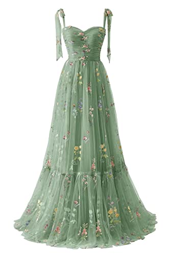 Frauen Blumen Stickerei Abendkleider Abschlussball Kleider Spaghetti Träger Brautjungfernkleid A Line Formal Party Kleid(A-Grün,40)