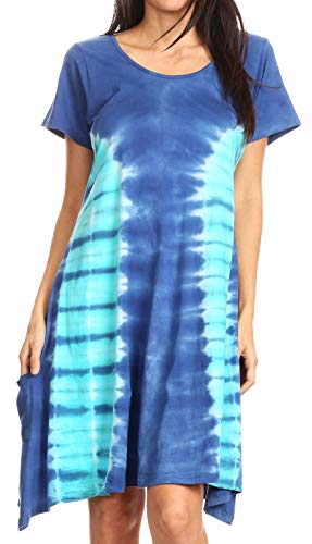 Sakkas 19448 - Sirena Damen Kurzarm Loose Plain Midi Lässiges ausgestelltes Kleid mit U-Ausschnitt - Blau/Mint - OS