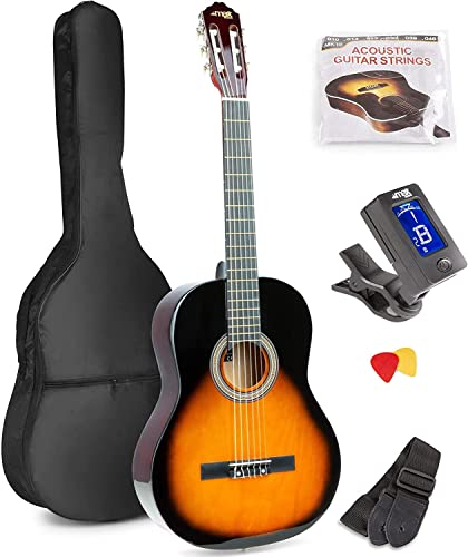 MAX SoloArt - 4/4 Akustik Gitarre für Anfänger Einsteiger Erwachsene - Akustikgitarre inkl. Tasche, Stimmgerät, Plektrum, Gurt und Zubehör - Acoustic Guitar, Konzertgitarre in Sunburst