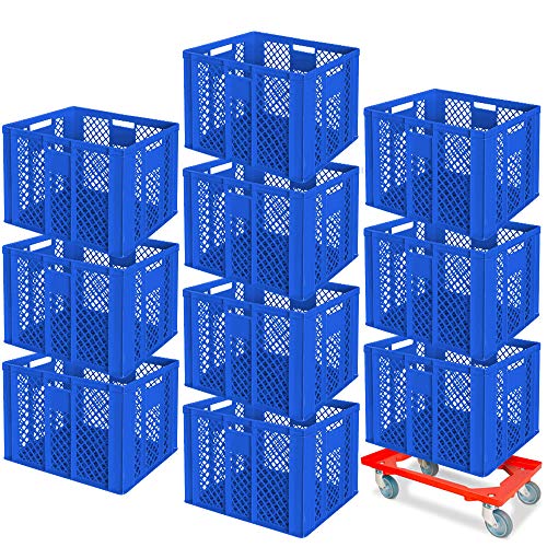 10er SPAR-Set Euro-Stapelbehälter PLUS GRATIS Transportroller, 600x400x410 mm Industriequalität lebensmittelecht blau