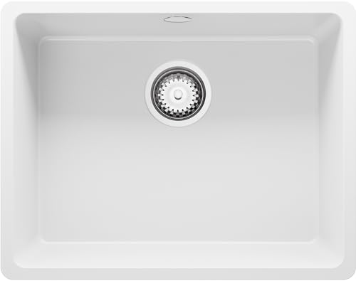 Spülbecken Weiß 56x44 cm, Granitspüle 1 Becken + Ablauf-Set, Küchenspüle ab 60er Unterschrank, Einbauspüle von Primagran