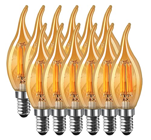 12er-Pack MENTA 6W E14 Kerze LED Lampe, Bernstein Glas, Vintage Lampe, 6W (ersetzt 60W), 600lm, Warmweiß 2700K, Kerzenform Filament LED Leuchtmittel, Classic Kerze Glühbirne, Flamme, Nicht Dimmbar