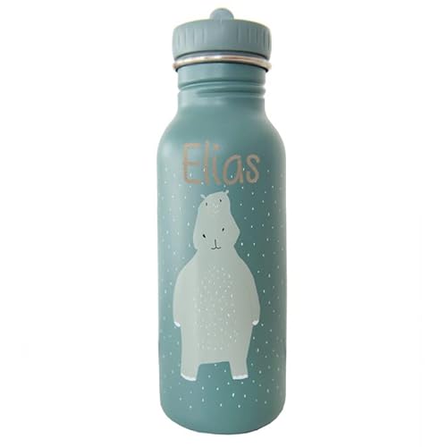Personalisierte Trinkflasche aus Edelstahl von Trixie Baby Gravur des Namens (500 ml, Hippo)